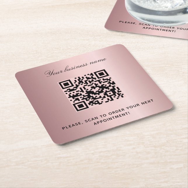 Blush pink business salon name qr code square paper coaster (Angled)