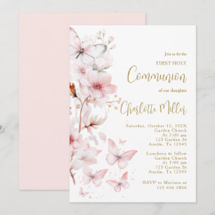 Blush Pink Butterfly First Communion Girl Invitation