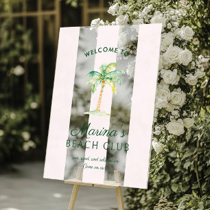 Blush Pink Cabana Stripes Palm Beach Club Welcome Acrylic Sign