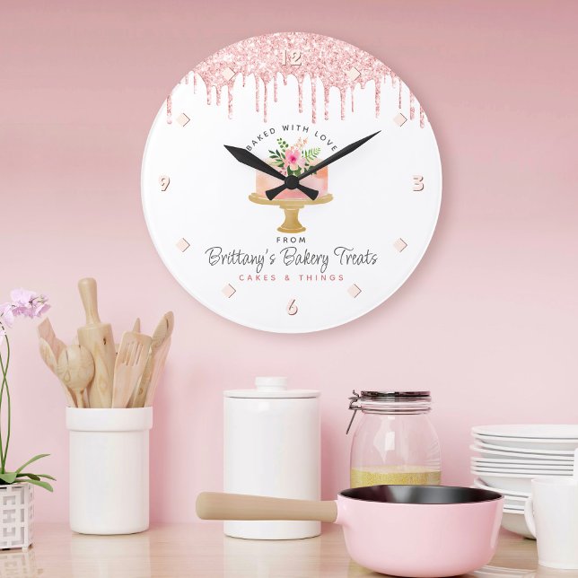 Blush Pink Cake Glitter Drips Modern Chic Bakery Large Clock (Creator Uploaded)