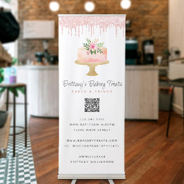 Blush Pink Cake Glitter Drips QR Code Bakery Café Retractable Banner