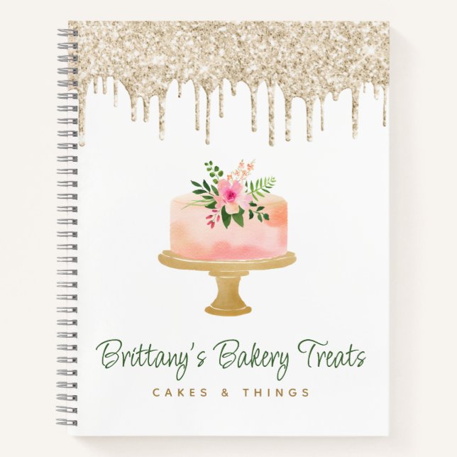 Blush Pink Cake Gold Glitter Drips Bakery Dessert Notebook (Front)