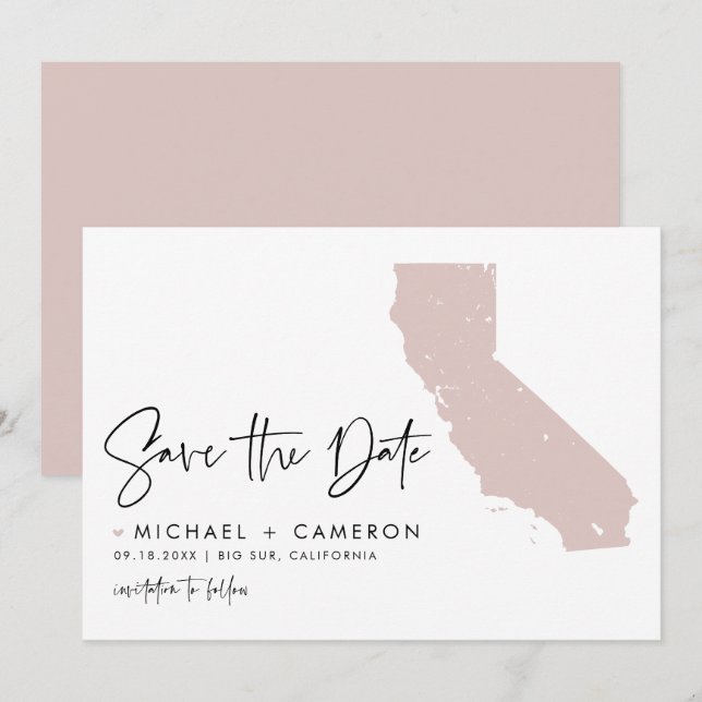 Blush Pink California Map Modern Minimalist Script Save The Date (Front/Back)