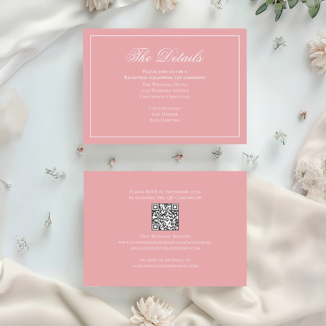 Blush Pink Calligraphy Elegant Details RSVP Enclosure Card (Blush pink wedding details card with qr code. )