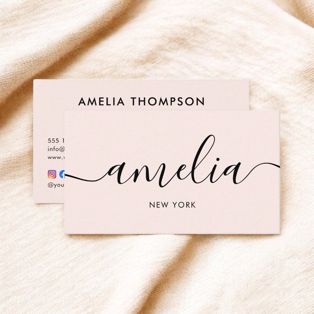 Blush Pink Calligraphy QR Code Social Media Business Card (Creator Uploaded)