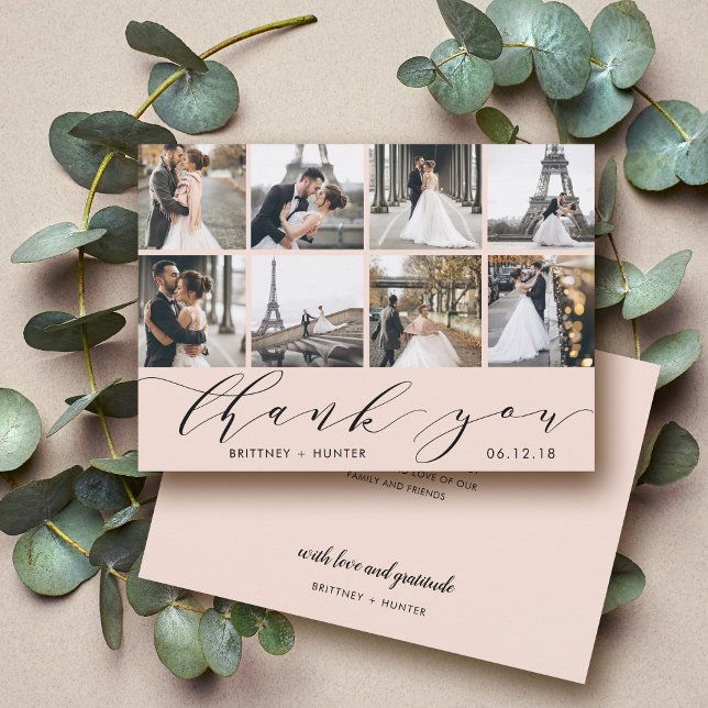 Blush Pink Calligraphy Script Photo Collage Thank You Card (Creator Uploaded)