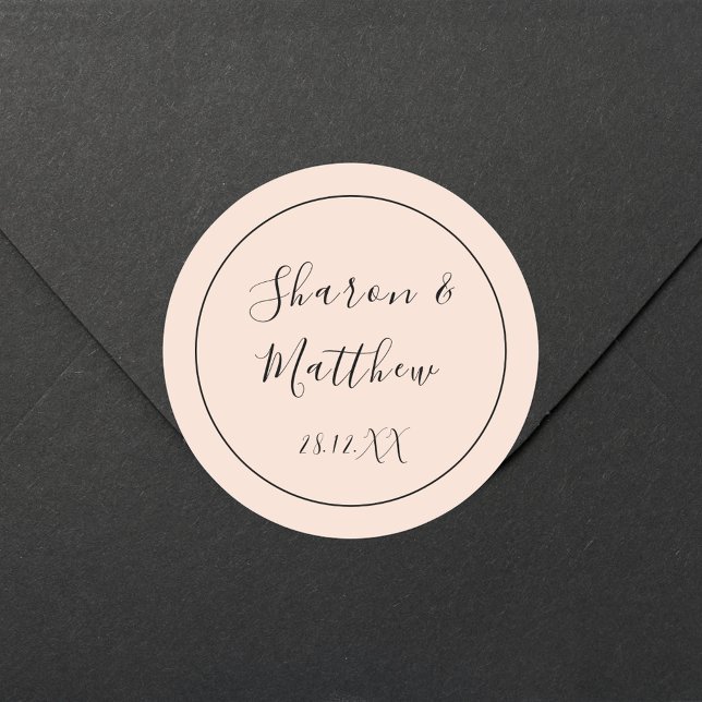 Blush Pink Calligraphy Script Wedding Gift Favour Classic Round Sticker (Calligraphy script wedding sticker brings soft blush beauty to celebration favors.)