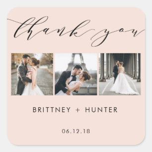 Blush Pink Calligraphy Thank You 3 Photo Collage Square Sticker