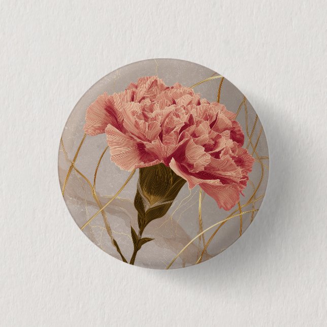 Blush Pink Carnation Floral Gold 1 Inch Round Button (Front)