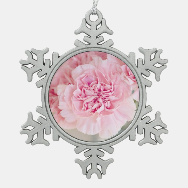 Blush Pink Carnations Snowflake Pewter Christmas Ornament (Front)