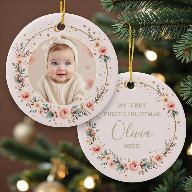 Blush Pink Celestial Baby First Christmas Photo Ceramic Ornament (Creator Uploaded)
