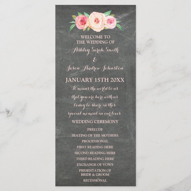 Blush Pink Chalkboard Floral Wedding Program (Front)