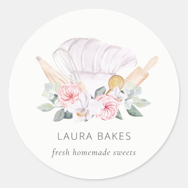 Blush Pink Chef Hat Catering Floral Roller Whisk Classic Round Sticker (Front)