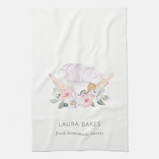 Blush Pink Chef Hat Catering Floral Roller Whisk Kitchen Towel (Vertical)