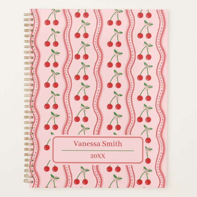 Blush Pink Cherries with Wavy Stripes Planner (Front)