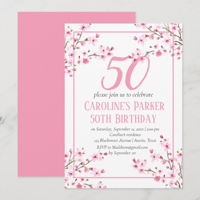 Blush Pink Cherry Blossom 50th Birthday Floral Invitation (Front/Back)