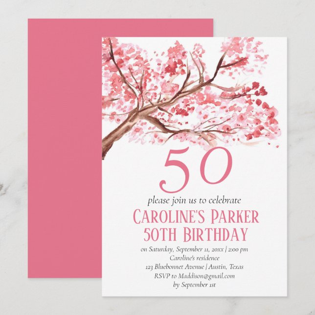 Blush Pink Cherry Blossom 50th Birthday Floral Invitation (Front/Back)