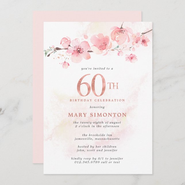 Blush  Pink Cherry Blossom 60th Birthday Invitation (Front/Back)