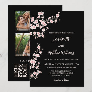  Blush Pink Cherry Blossom Black Invitation