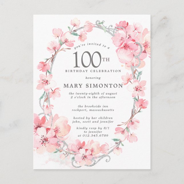 Blush Pink Cherry Blossom Floral 100th Birthday Invitation Postcard (Front)
