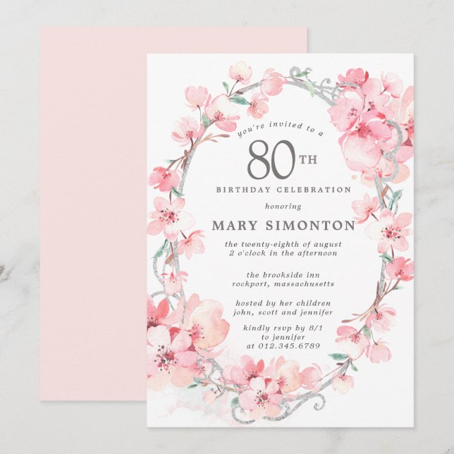 Blush Pink Cherry Blossom Floral 80th Birthday Invitation (Front/Back)
