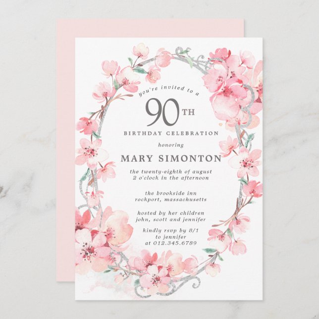 Blush Pink Cherry Blossom Floral 90th Birthday Invitation (Front/Back)