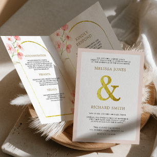 Blush Pink Cherry Blossom Floral QR Code Wedding Invitation