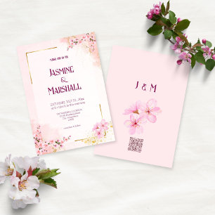 Blush Pink Cherry Blossom Gold Wedding Invitation