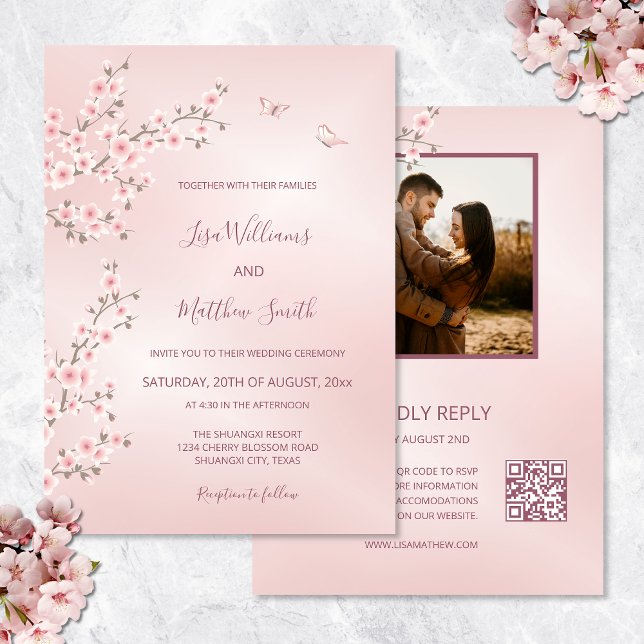Blush Pink Cherry Blossom Photo Wedding Invitation (Creator Uploaded)