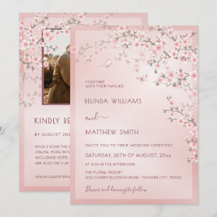 Blush Pink Cherry Blossom Photo Wedding Invitation