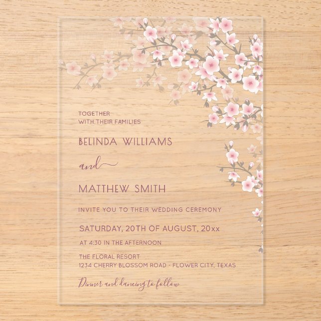 Blush Pink Cherry Blossom Wedding Acrylic Invitations (Front)
