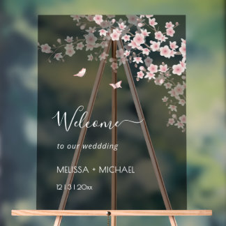 Blush Pink Cherry Blossom Wedding Transparent Acrylic Sign