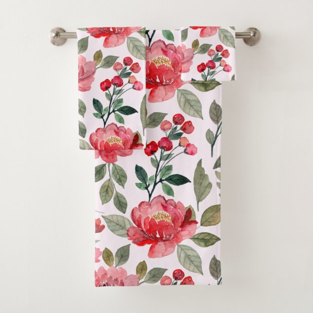 Blush Pink Cherry Red Floral Pattern Bath Towel Set (Insitu)
