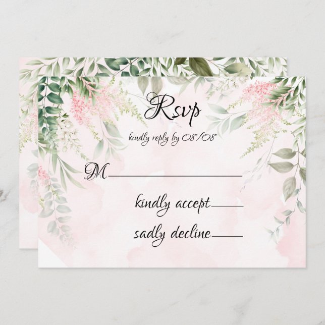 Blush Pink Chic Florals Green Wedding RSVP Cards (Front/Back)
