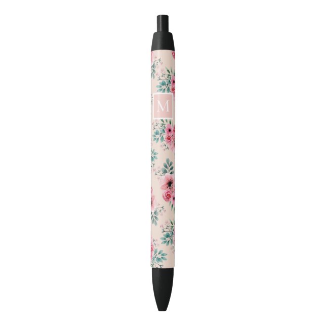 Blush Pink | Chic Watercolour Floral Monogram Black Ink Pen (Front Vertical)