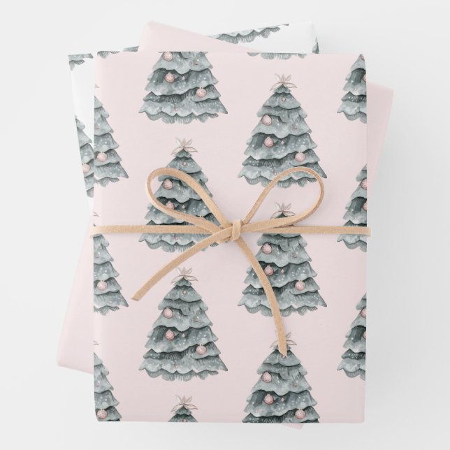 Blush Pink Christmas Tree Ornament Wrapping Paper Sheet (In situ)