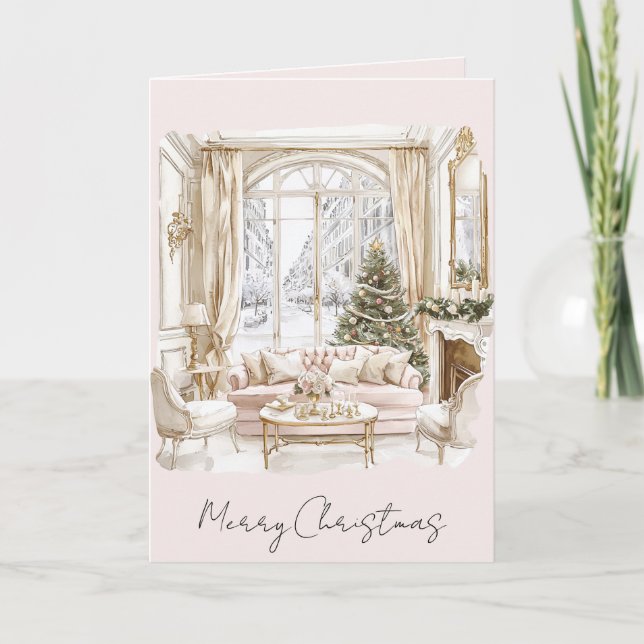 Blush Pink Christmas Tree Window Card (Front)