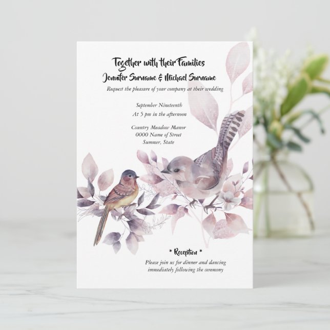 Blush pink cinnamon country bird summer chic invitation (Standing Front)