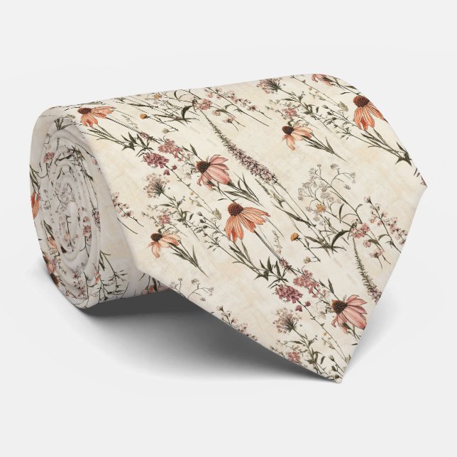 Blush Pink Coneflowers Botanical Wedding Tie (Rolled)