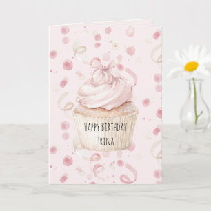 Blush Pink Confetti Cupcake Bow Birthday Card