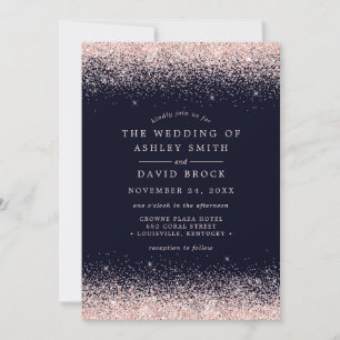 Blush Pink Confetti Navy Blue Wedding Invitation