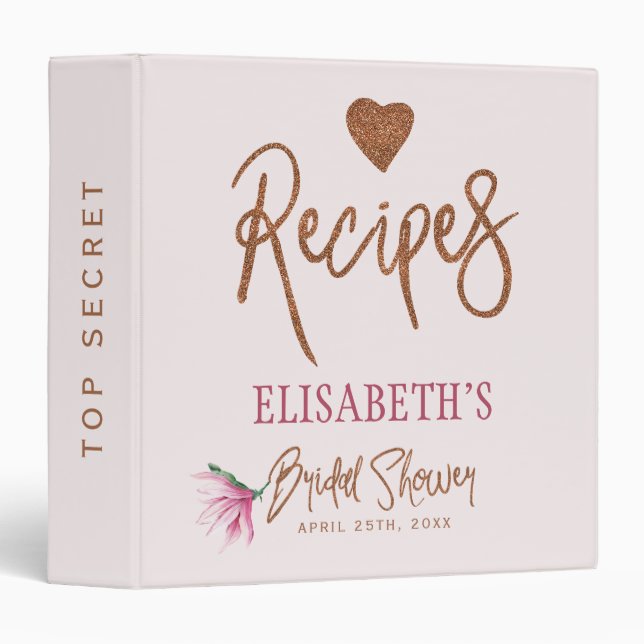Blush pink copper glitter bridal shower recipe binder (Front/Spine)