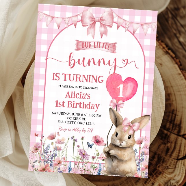 Blush Pink Coquette Little Bunny Floral Birthday Invitation (Creator Uploaded)