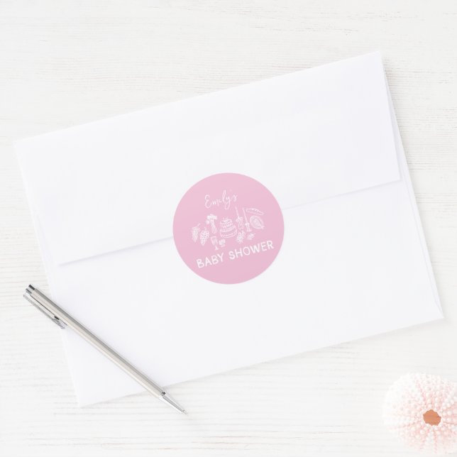 Blush Pink Coquette Modern Hand Drawn Baby Shower Classic Round Sticker (Envelope)