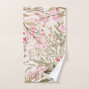 Blush pink coral forest green watercolor floral hand towel