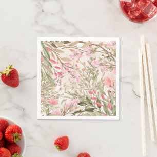 Blush pink coral forest green watercolor floral napkin