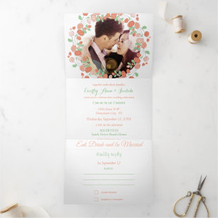 Blush Pink Coral Green Ash Floral Wreath Wedding Tri-Fold Invitation