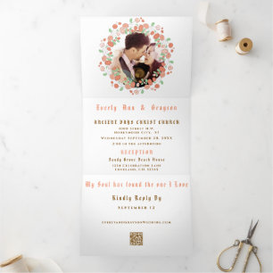 Blush Pink Coral Green Ash Floral Wreath Wedding Tri-Fold Invitation