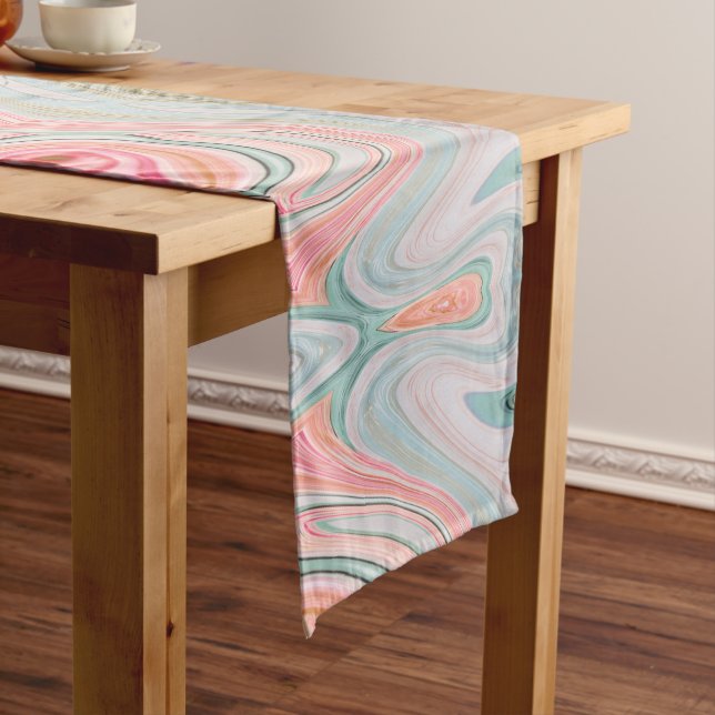 blush pink coral mint green rainbow marble swirls medium table runner (In Situ)