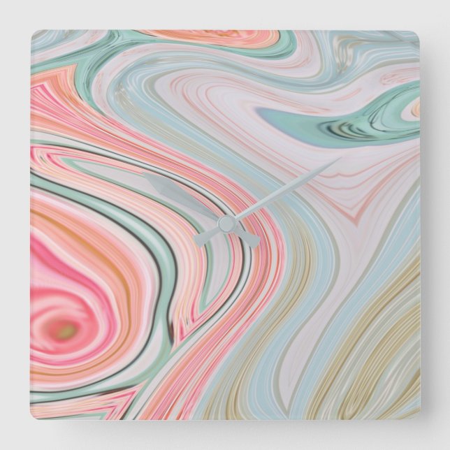 blush pink coral mint green rainbow marble swirls square wall clock (Front)